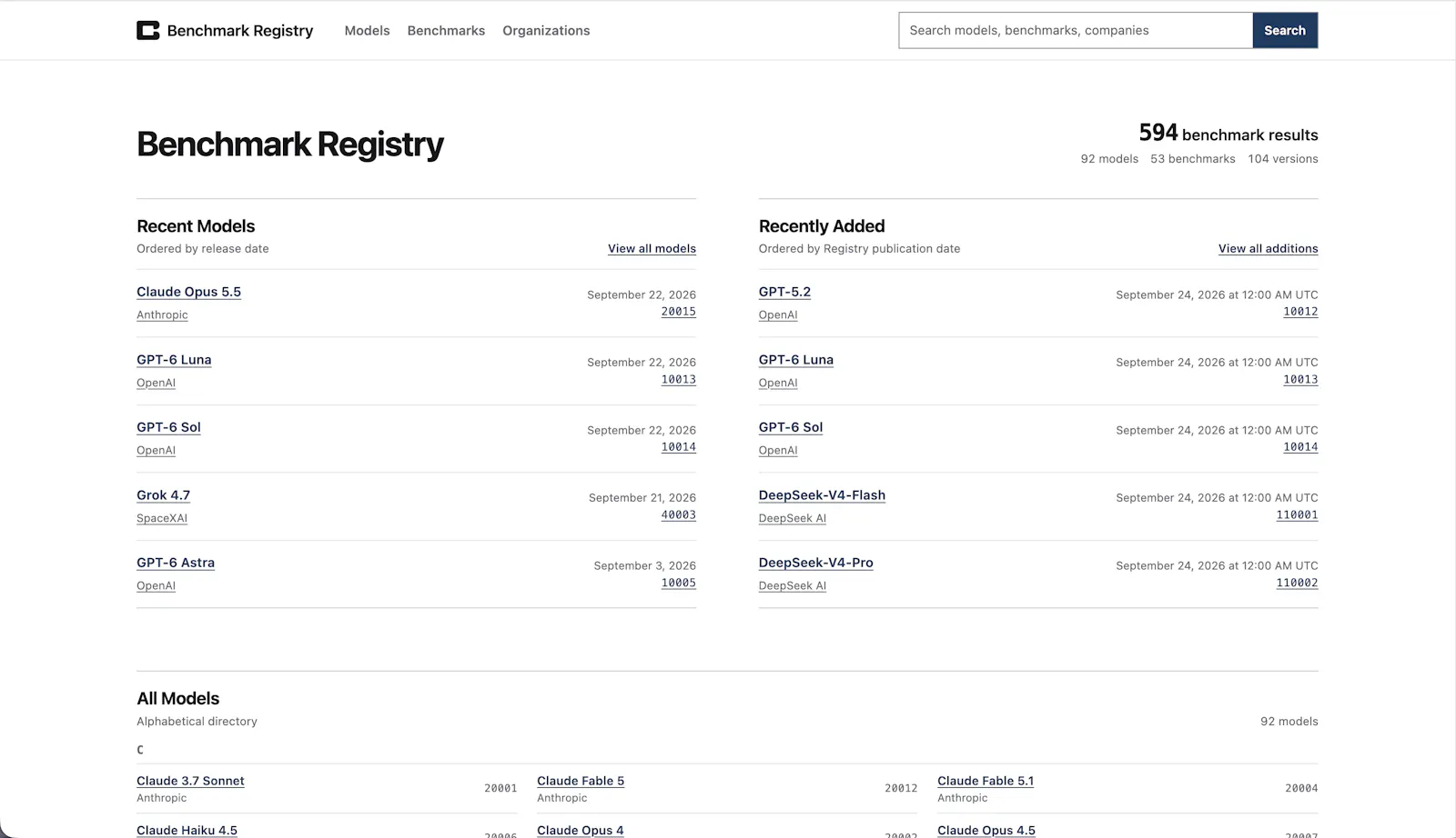 Benchmark Registry screenshot 2