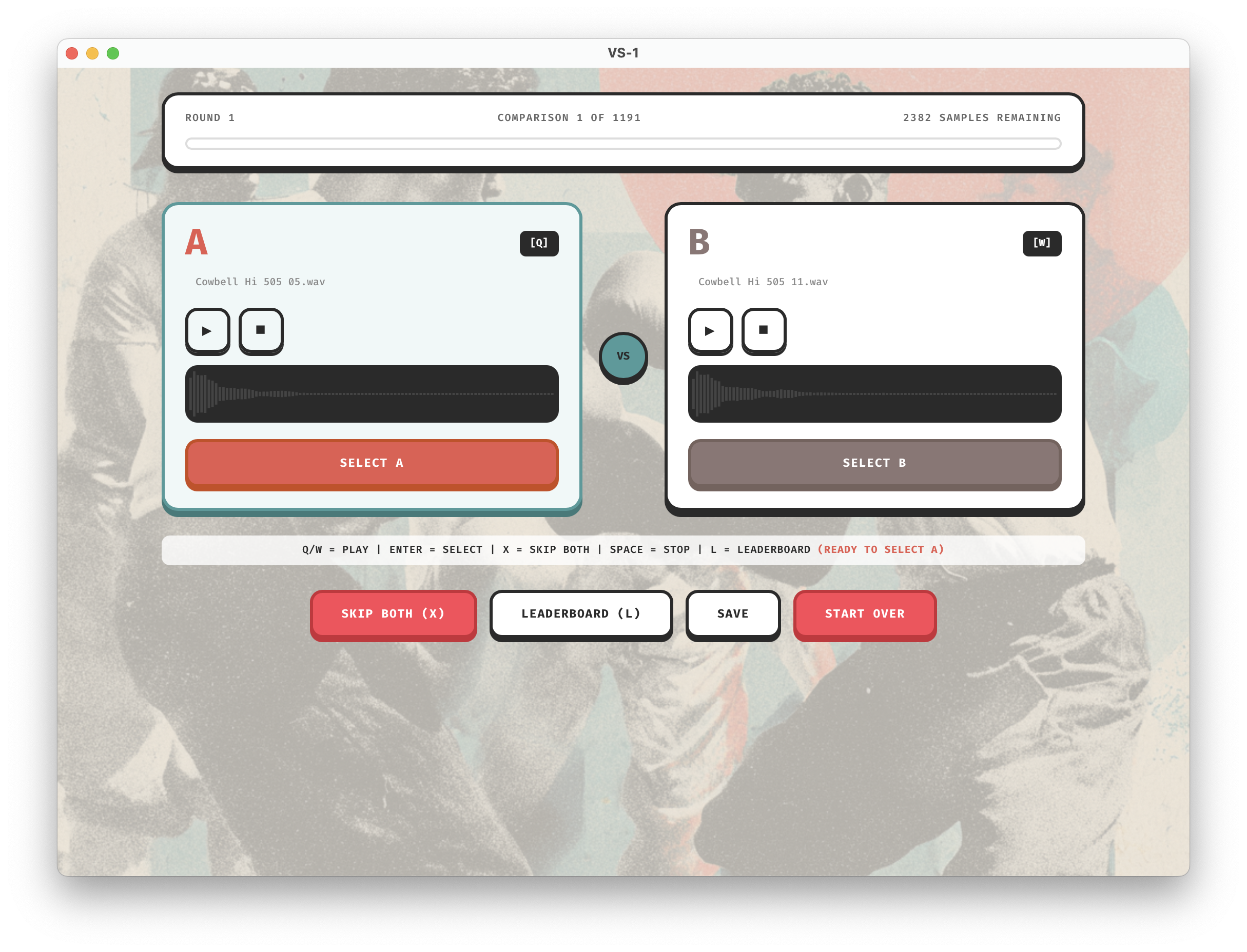 VS-1: FOSS audio sample tournament app - Main product screenshot demonstrating key features and user interface