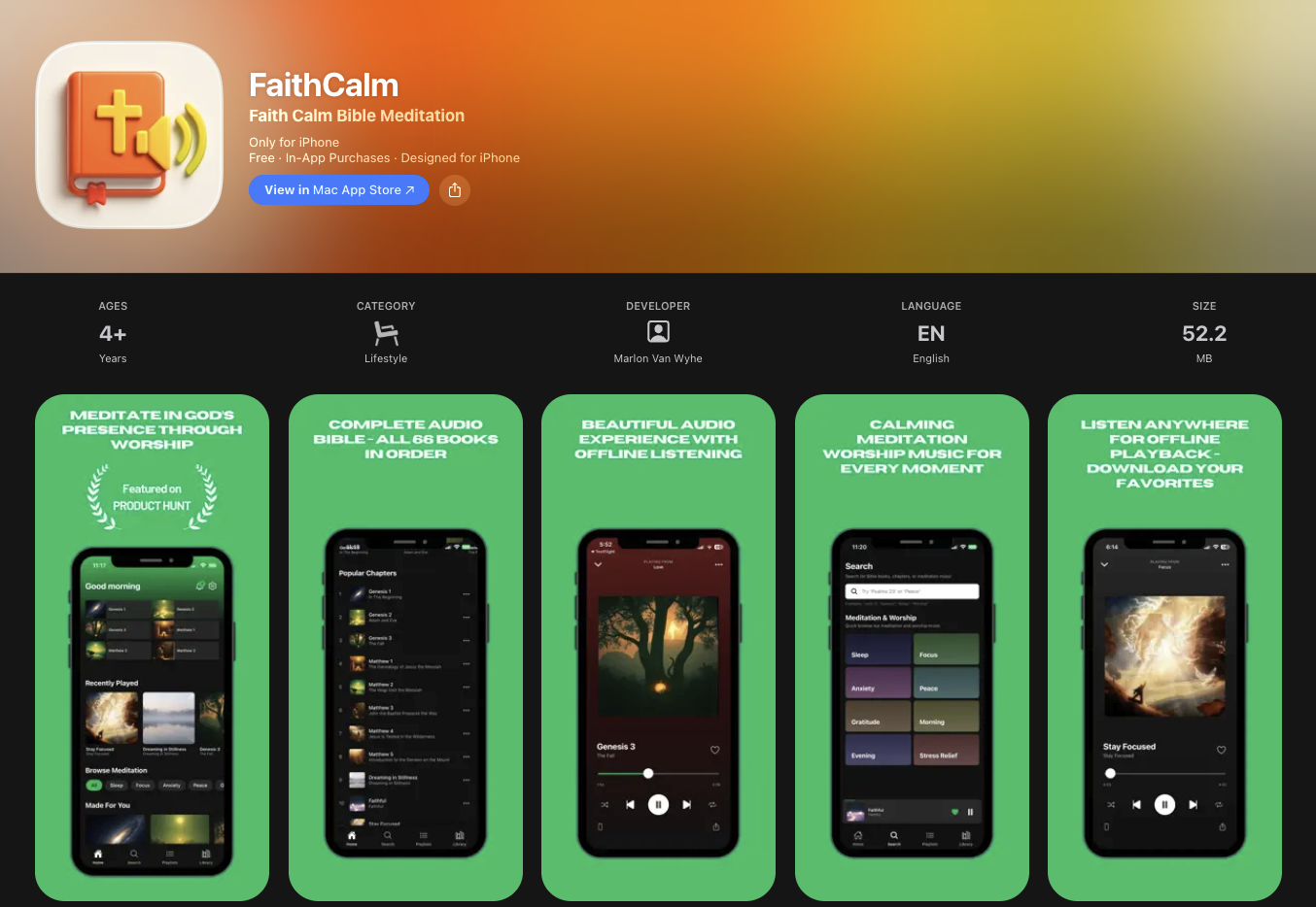 Faith Calm — Meditate on Scripture App - Main product screenshot demonstrating key features and user interface