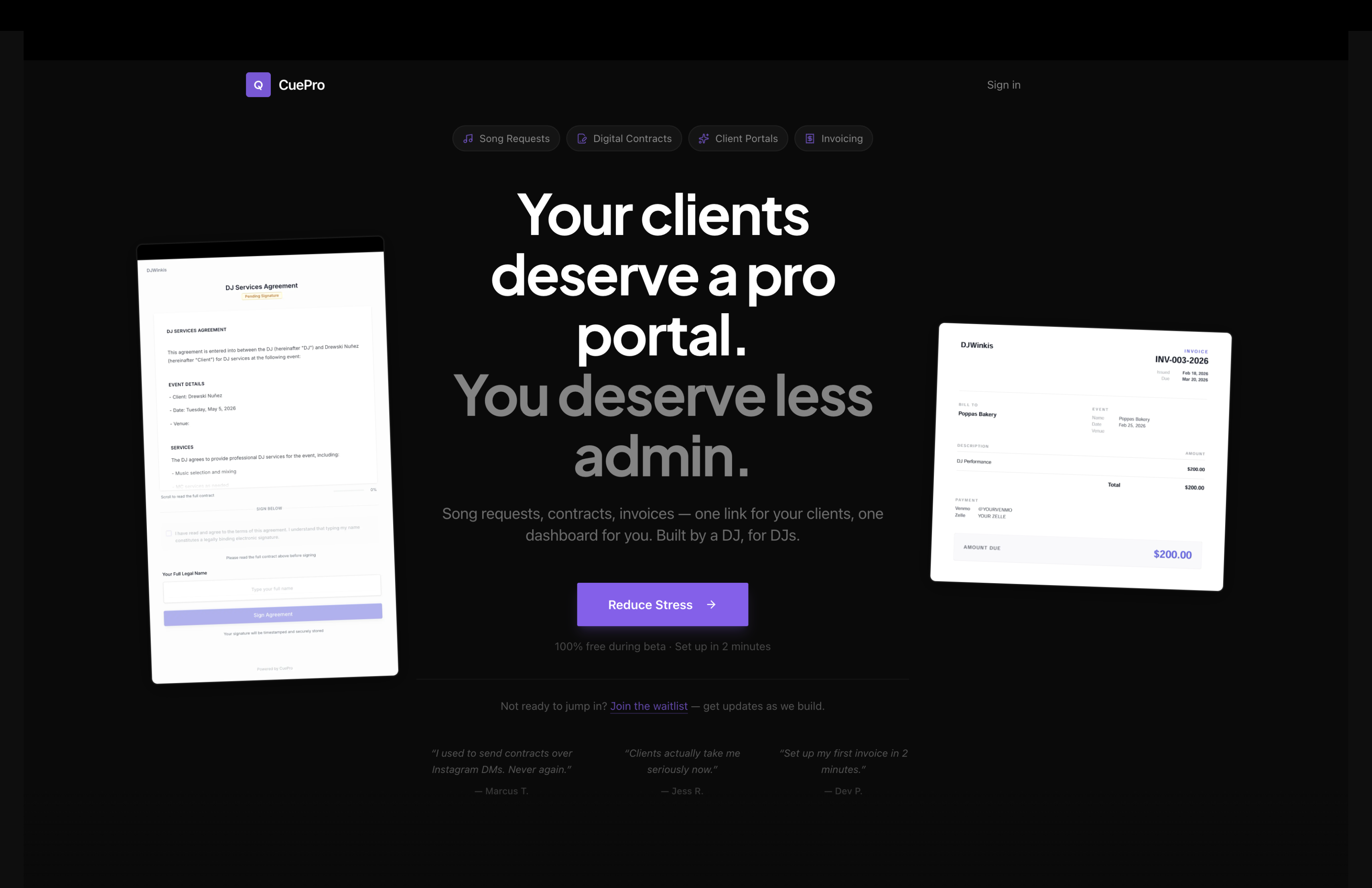CueProApp - Contracts and Invoices. - Main product screenshot demonstrating key features and user interface