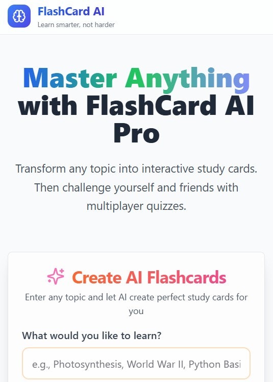 Mídia 6 de IA de cartão flash - Seu companheiro de estudo com tecnologia de IA.Qualquer tópico Flashcards e quiz