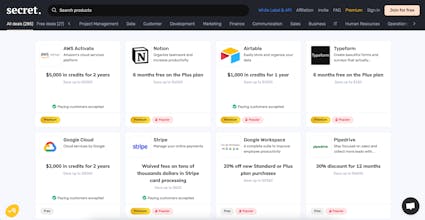 Image displaying a compilation of 300+ unbeatable deals, featuring top-tier SaaS products like Notion, AWS, Stripe, Google Cloud, Hubspot, Miro, and Airtable, among others, offered by Secret.