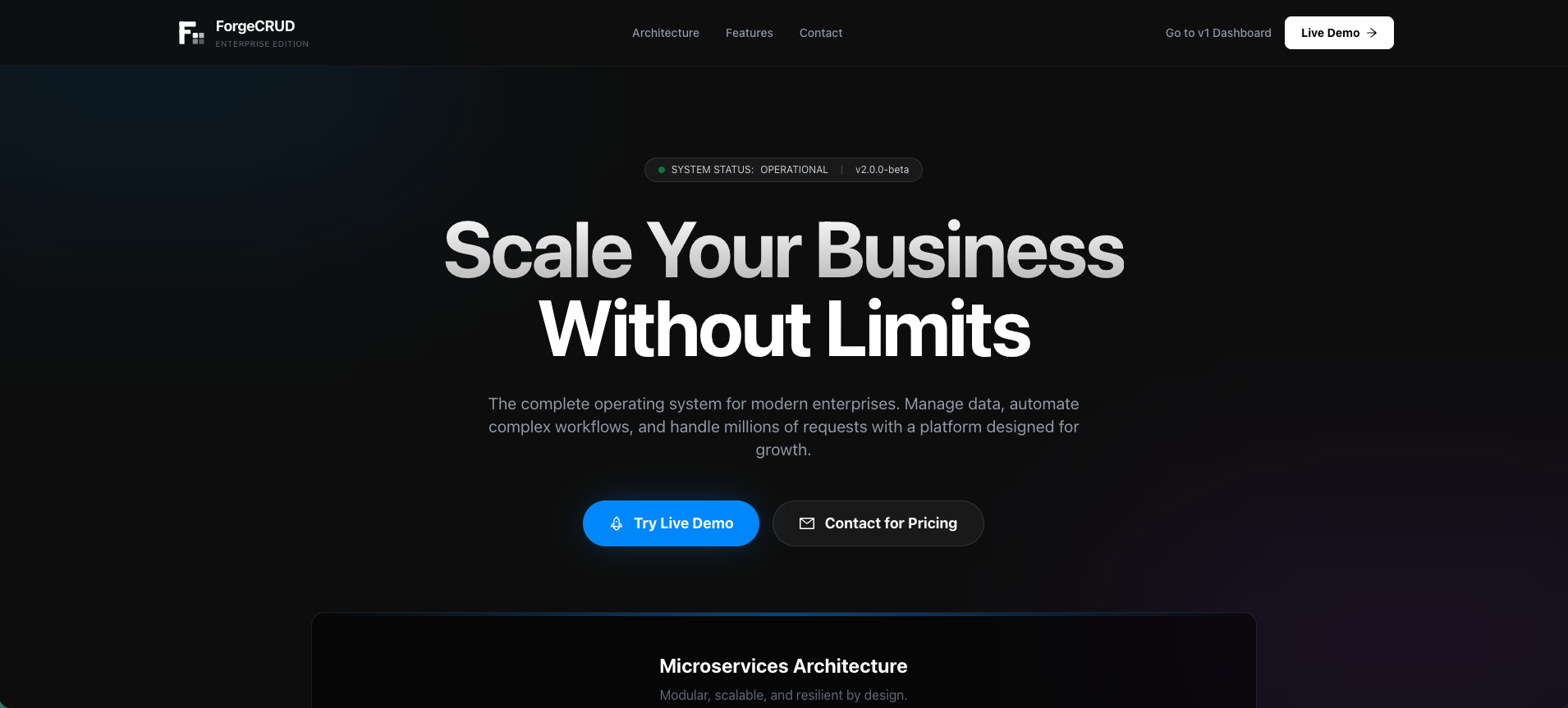 ForgeCRUD - Main product screenshot demonstrating key features and user interface