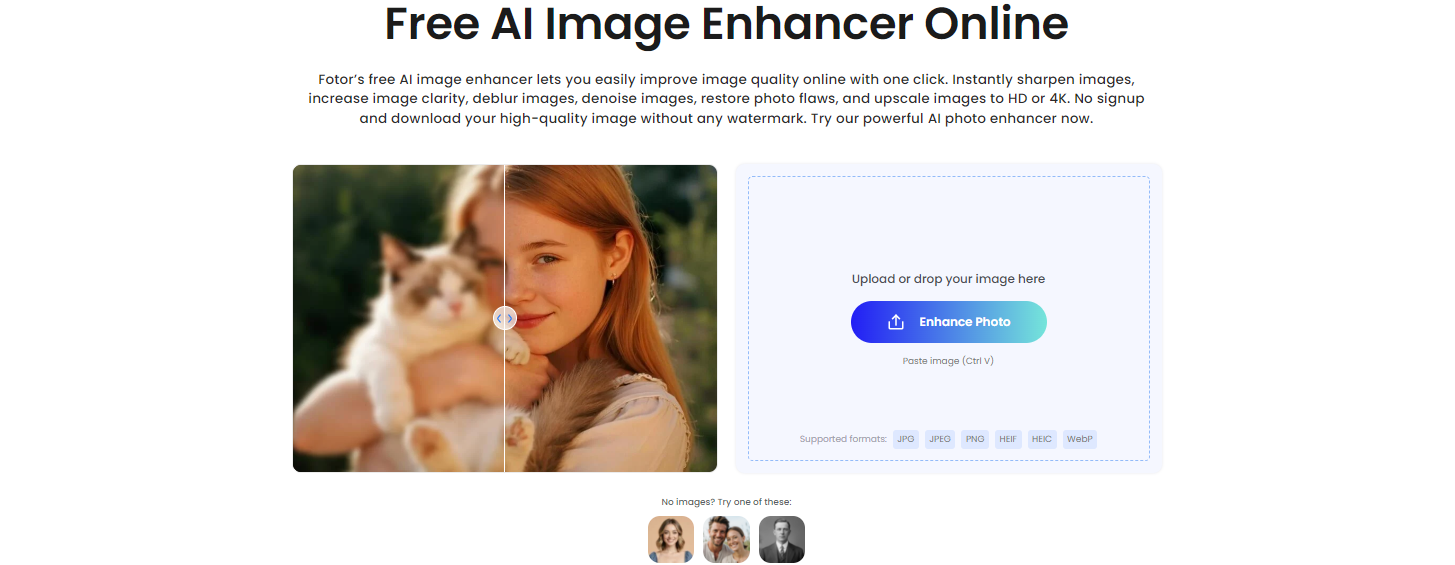 Fotor AI Image Enhancer - Main product screenshot demonstrating key features and user interface
