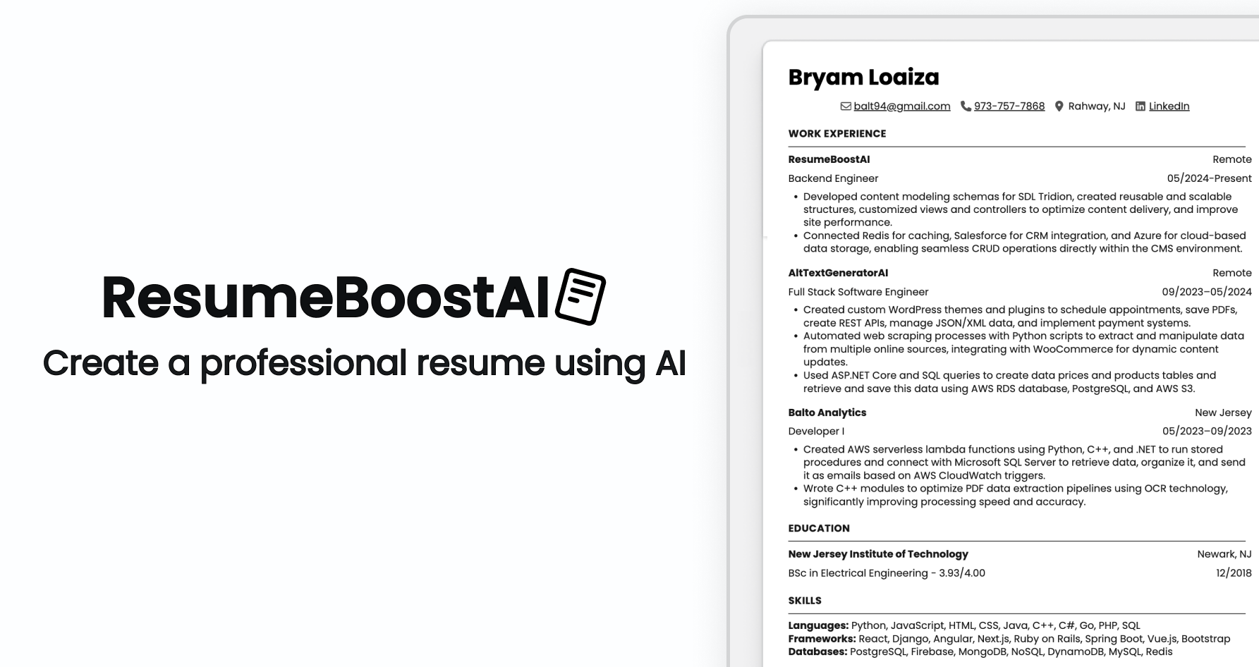 ResumeBoostAI - Main product screenshot demonstrating key features and user interface