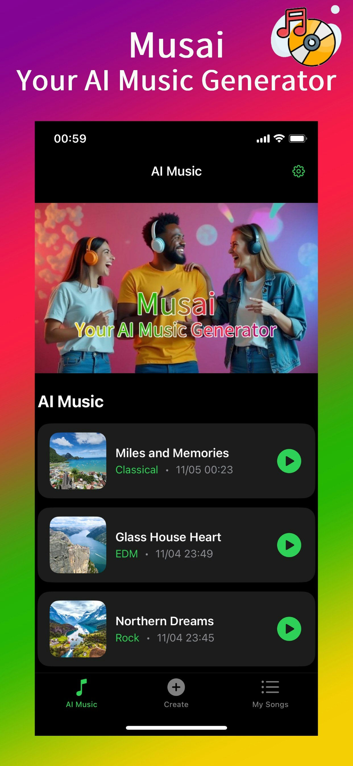 Musai-AI Music Generator - Main screenshot showing features and interface