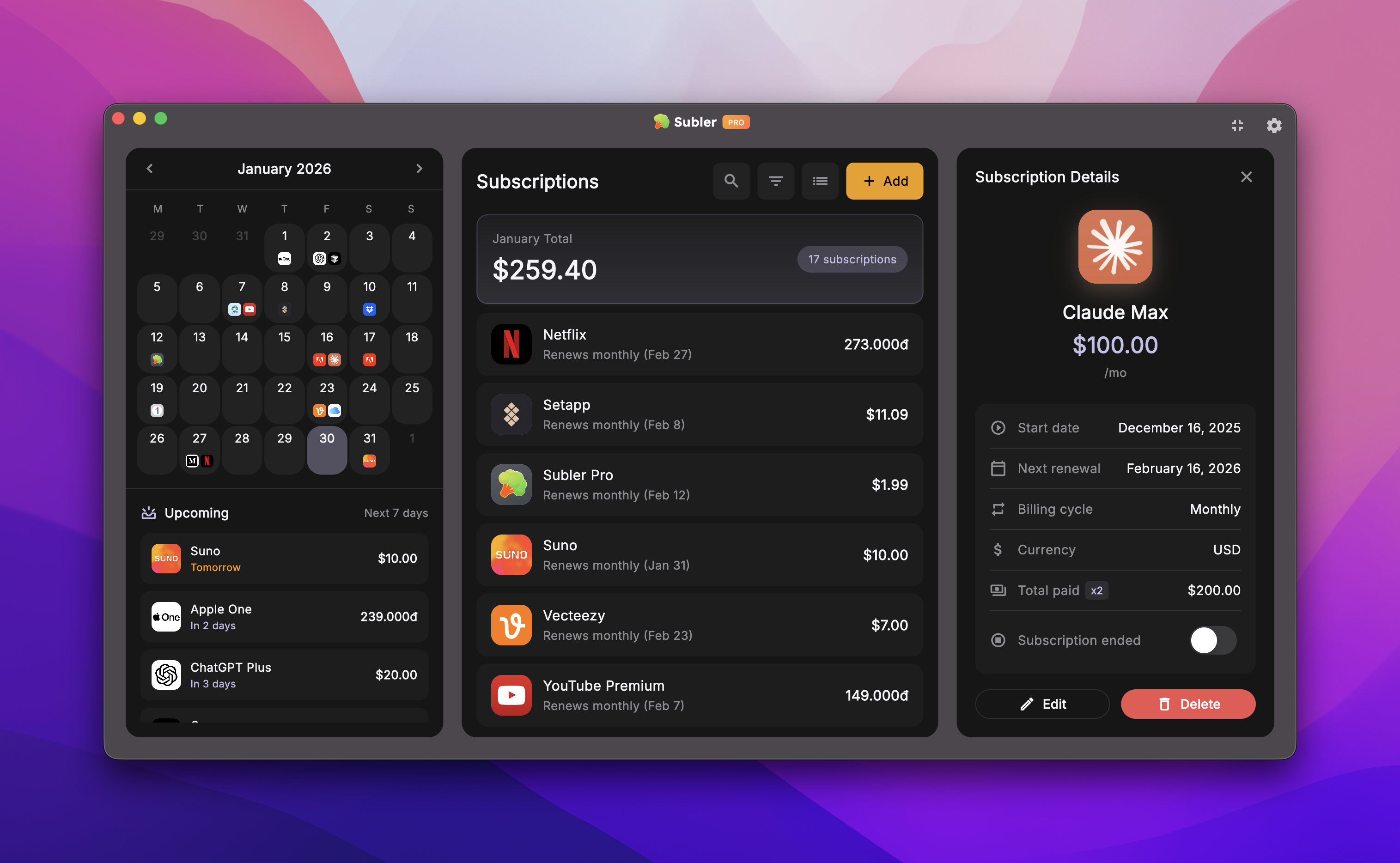 Subler — Subscriptions, nothing else. - Main product screenshot demonstrating key features and user interface