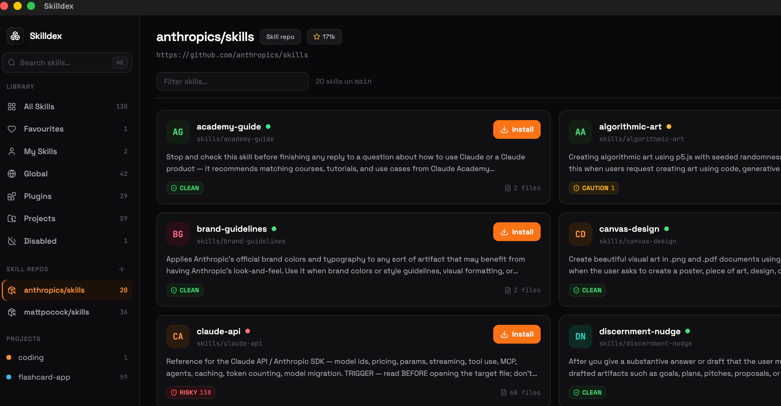 Every agent skill you own, in one place. screenshot 2