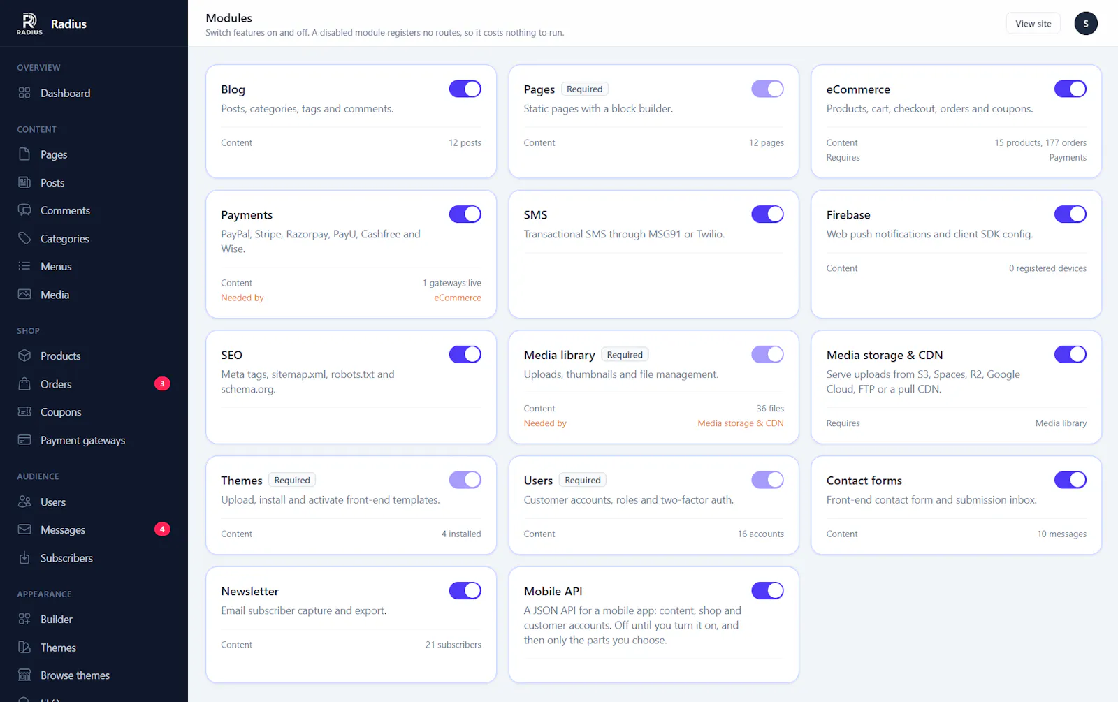 Radius - a self-hosted CMS and eCommerce screenshot 2