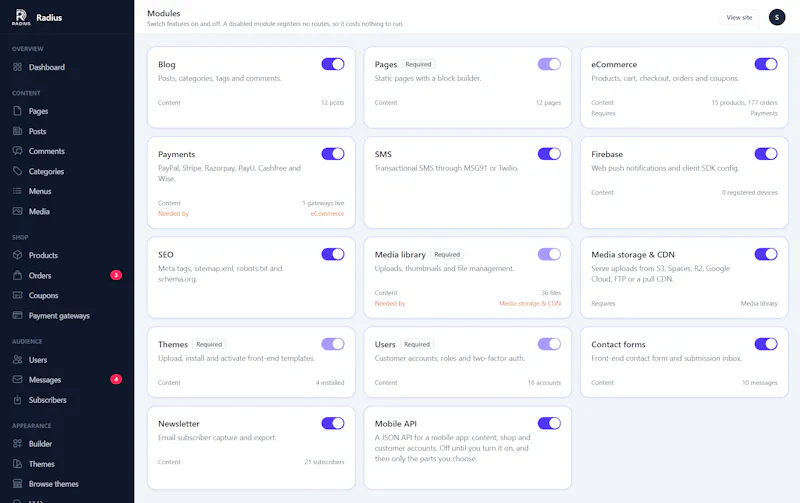 Radius - a self-hosted CMS and eCommerce screenshot 2