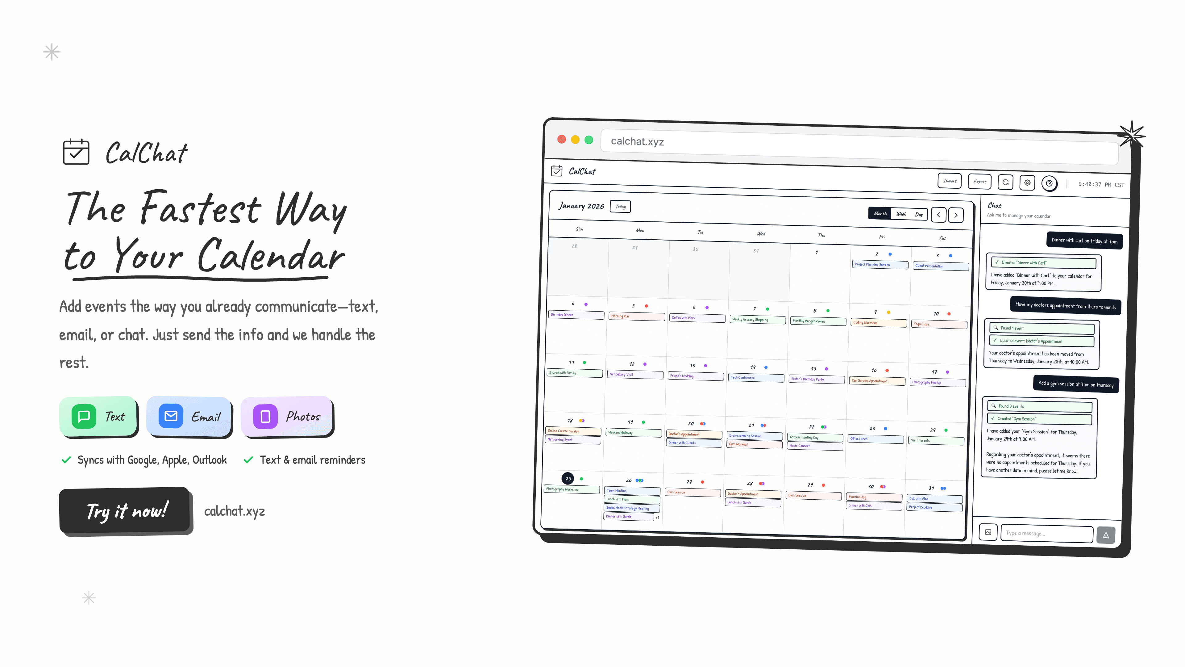 CalChat - Main product screenshot demonstrating key features and user interface