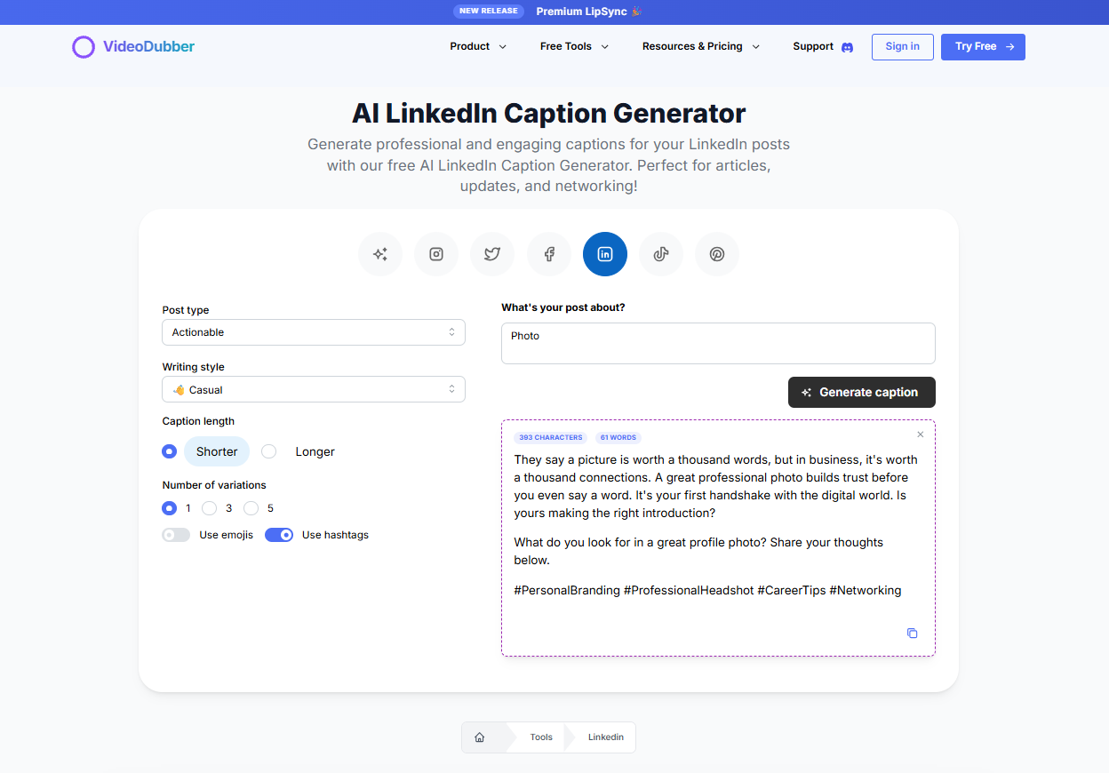 Média Générateur de légendes de LinkedIn - Légendes de post LinkedIn gratuites |videodubber.ai 2