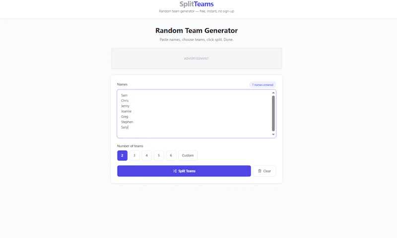 SplitTeams.com screenshot 2