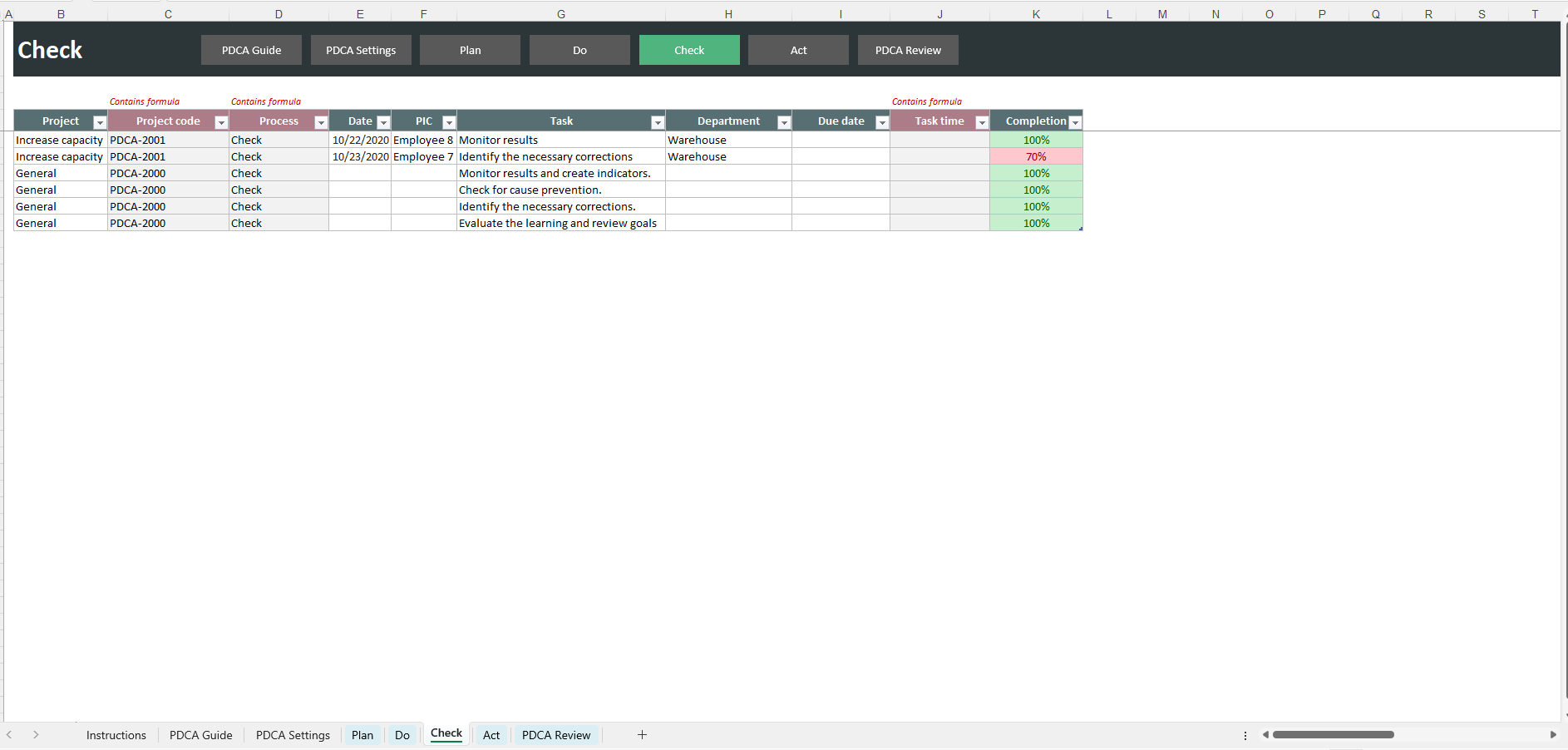 PDCA (Plan-Do-Check-Act) Excel Template - Screenshot 4 showing product features and functionality