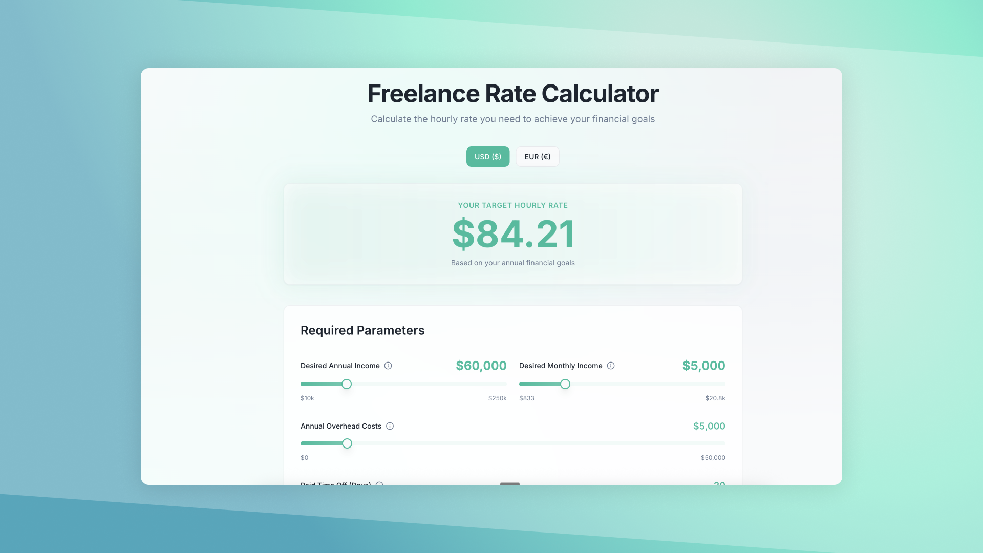 Freelance Rate Calculator - Main product screenshot demonstrating key features and user interface