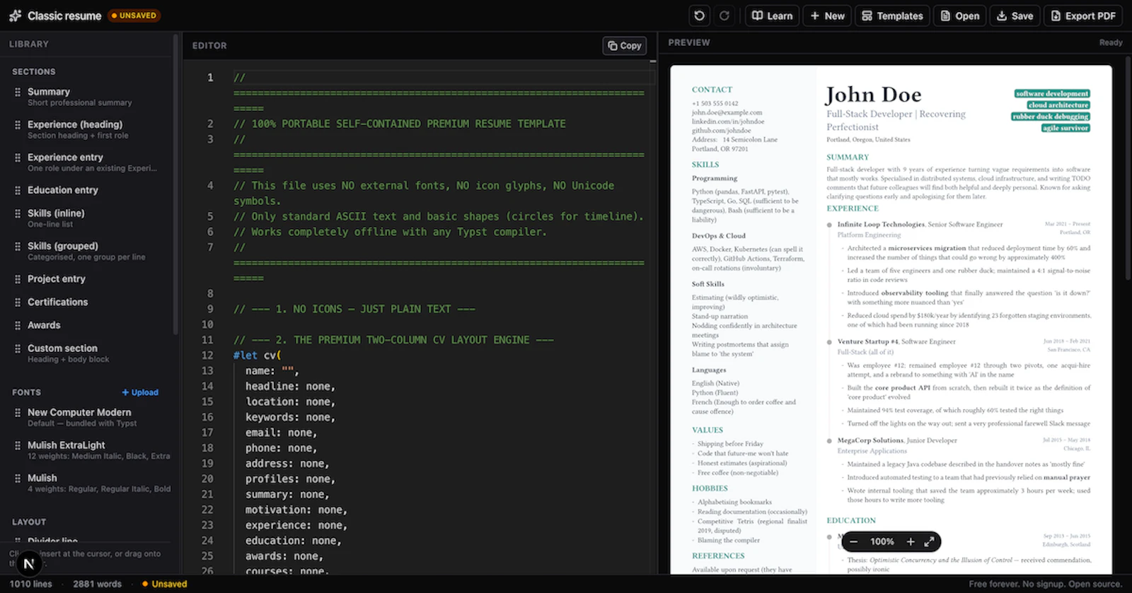 Visual Typst Resume Builder screenshot 1