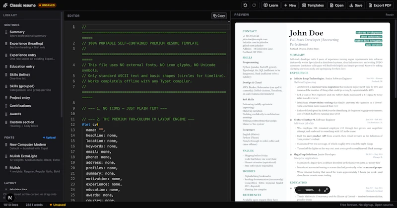 Visual Typst Resume Builder screenshot 1