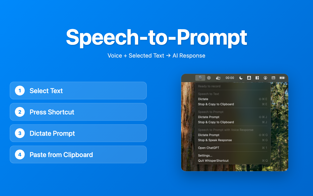 وسائط Whispershortcut - صوت AI الذي يحول الكلام إلى نص ومطالبات ذكية. 3