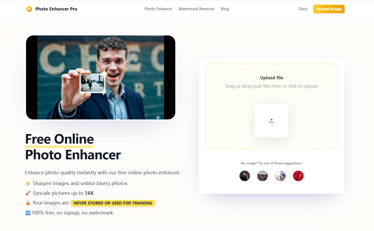 Média Optimiseur de photos gratuit - Améliorez la qualité des photos à 16k en ligne 1