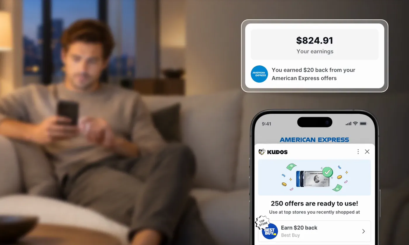 The Kudos app showing total earnings and card offers activated for the member