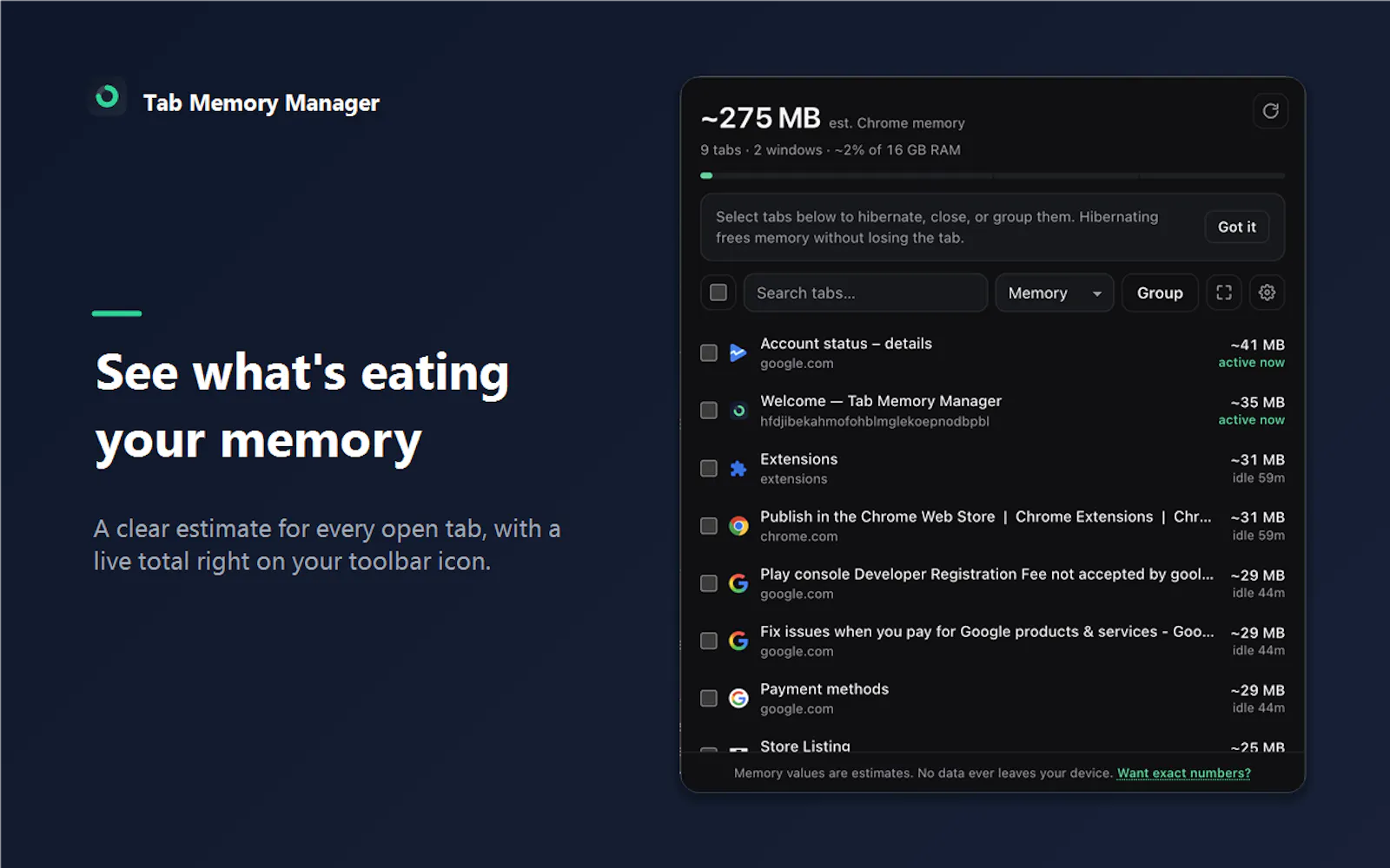 Tab Memory Manager screenshot 1