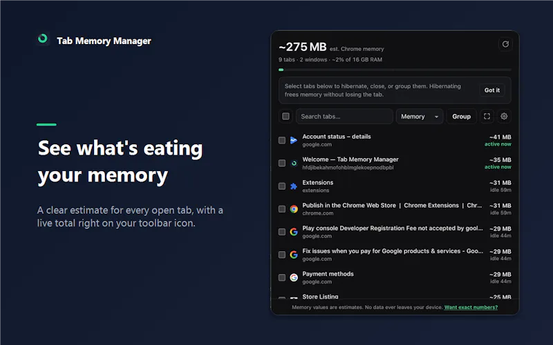 Tab Memory Manager screenshot 1