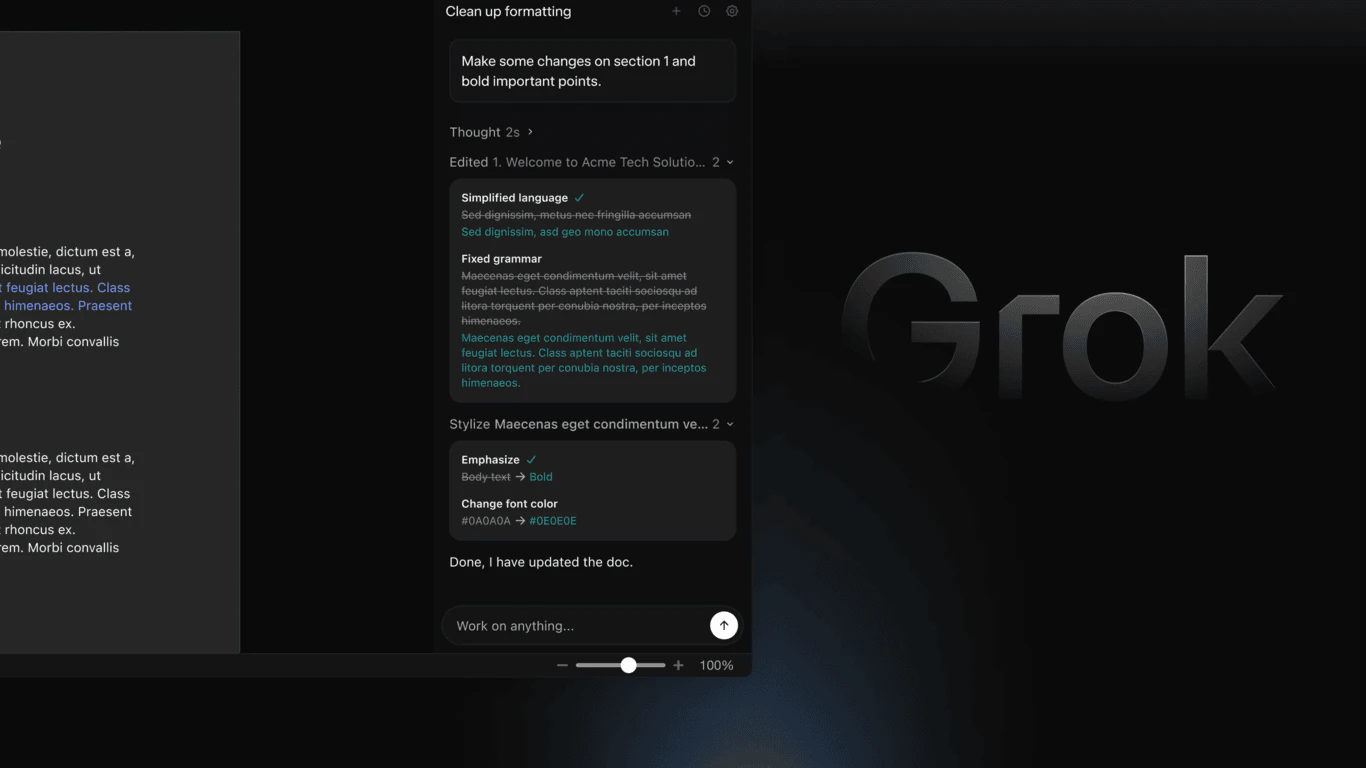 startuptile Grok by SpaceXAI for Word-Draft restructure & tighten wording from panel inside Word
