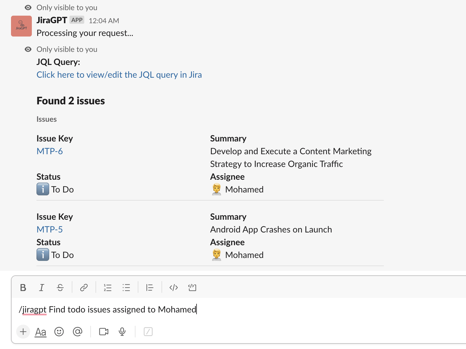 Jiragpat - Suchen Sie JIRA -Probleme mit natürlicher Sprache, direkt von Slack Medien 2
