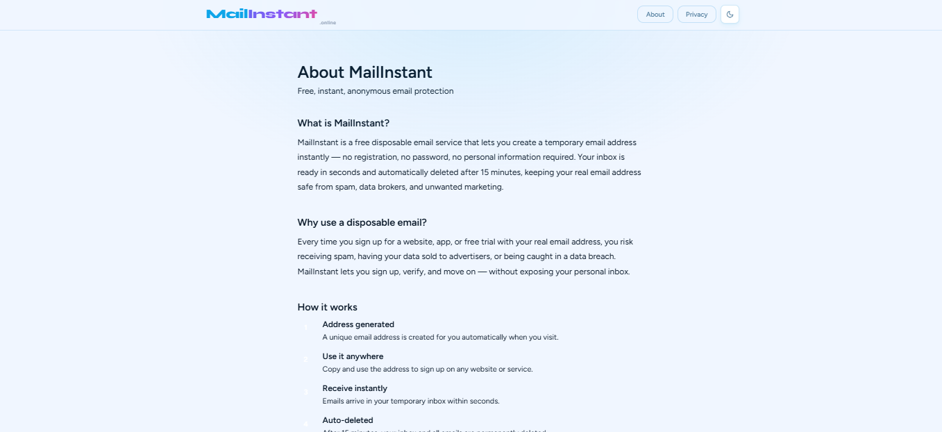 Mailinstant Free Temporary Email Address - Screenshot 5 showing product features and functionality