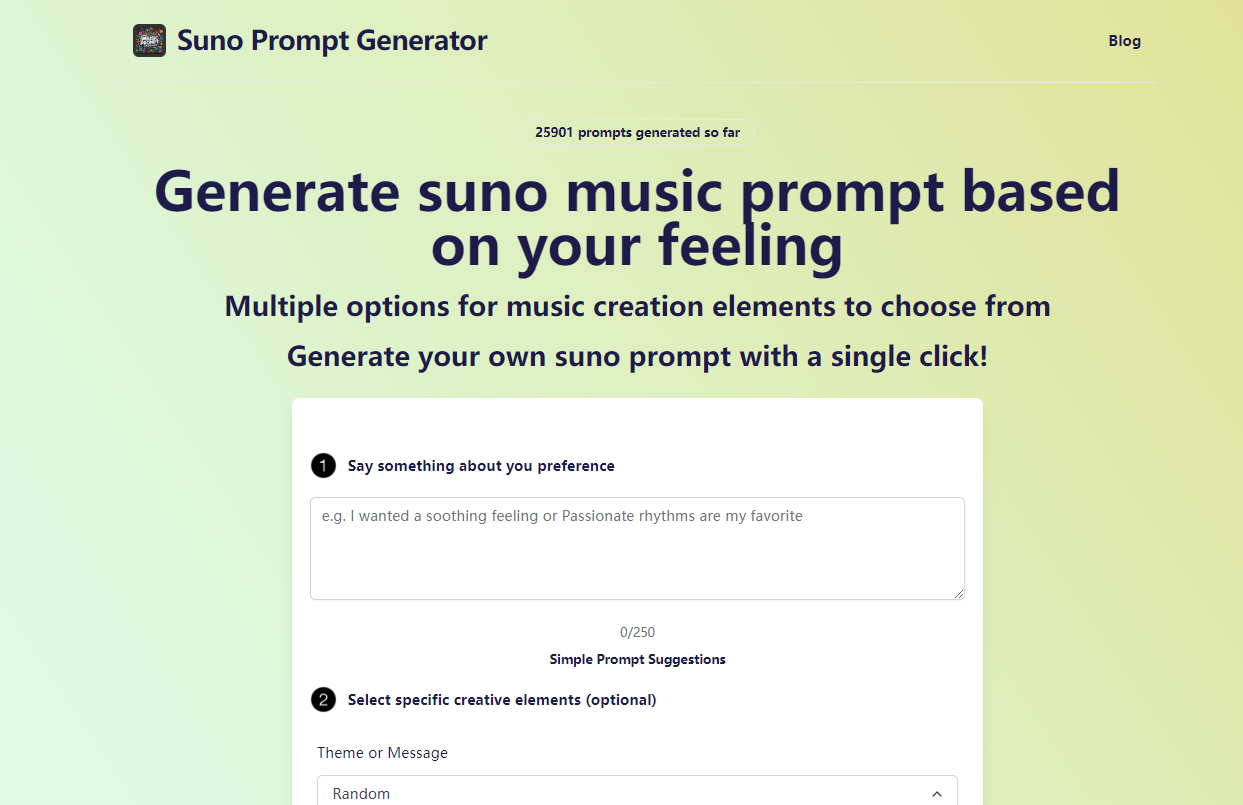 Musikalter Generator - Generieren Sie die Suno -Musikaufforderung basierend auf Ihrem Gedanken Medien 1