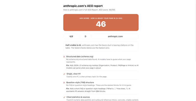 Free AEO Checker: Does AI recommend you? screenshot 3