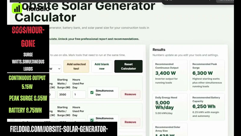 Jobsite Solar Generator Calculator screenshot 1 (video preview)