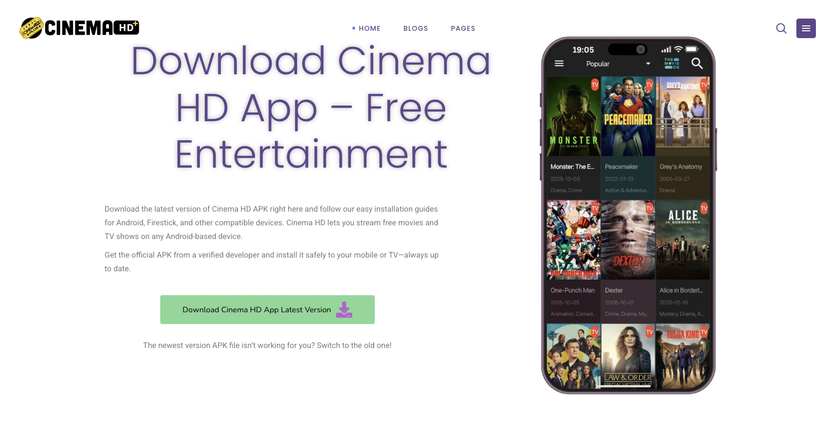 CinemaHD plus - Main screenshot showing features and interface