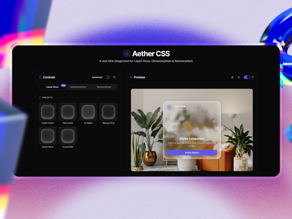 Média Aether CSS - Générateur CSS en verre liquide 2