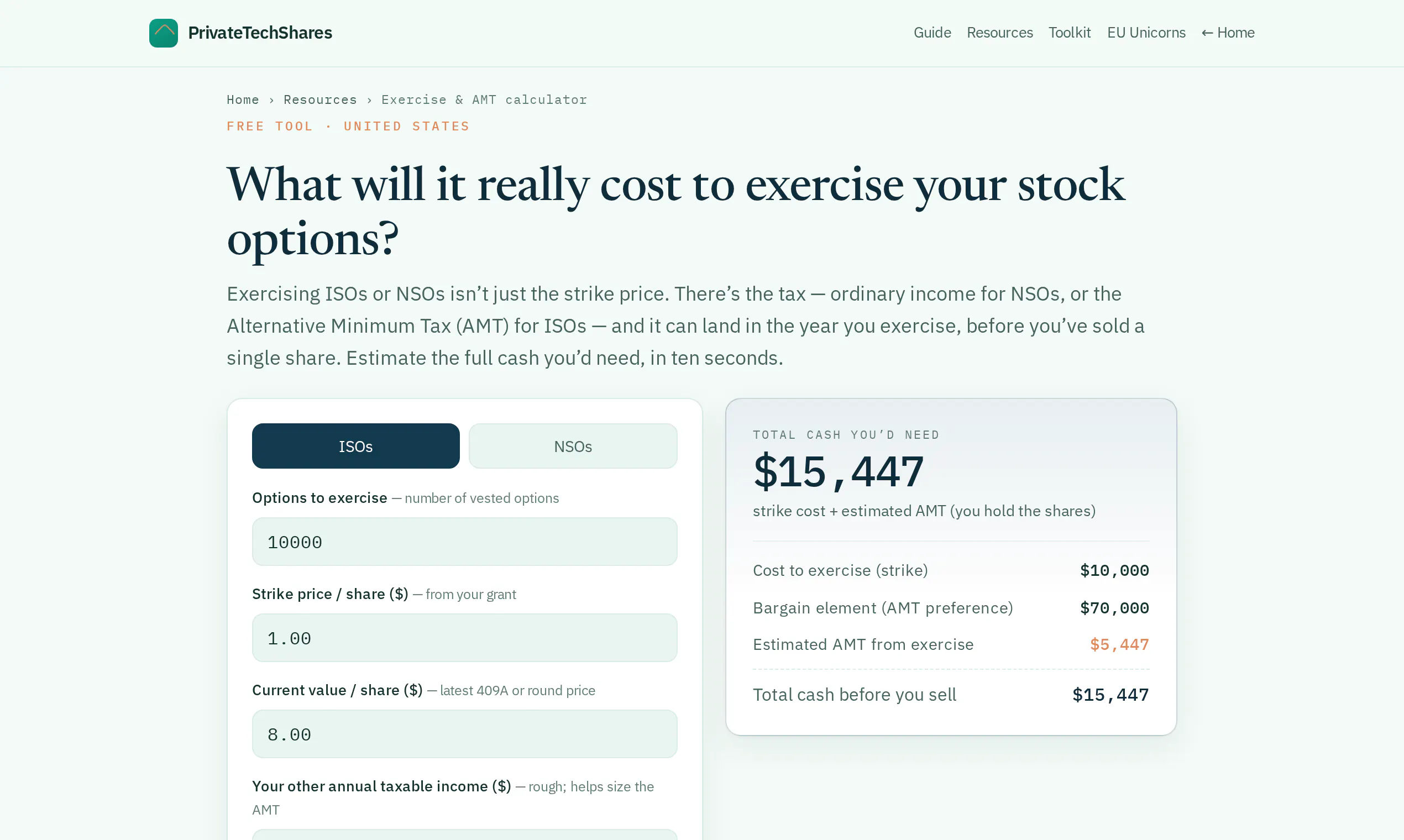 PrivateTechShares ISO/AMT Calculator gallery image