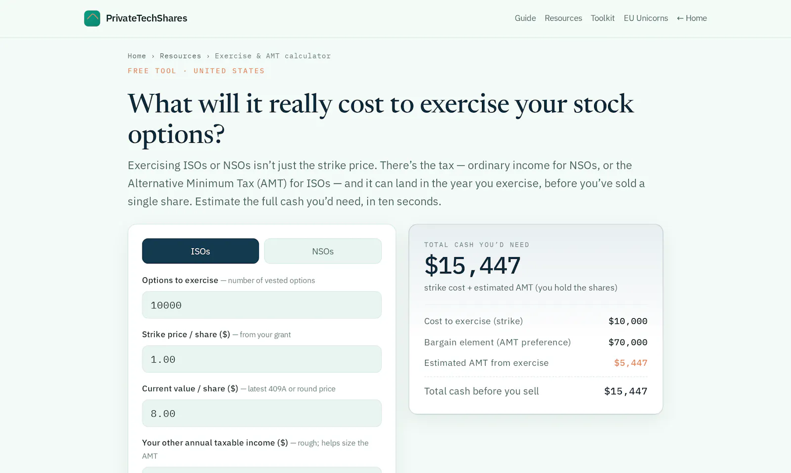 PrivateTechShares ISO/AMT Calculator screenshot 3