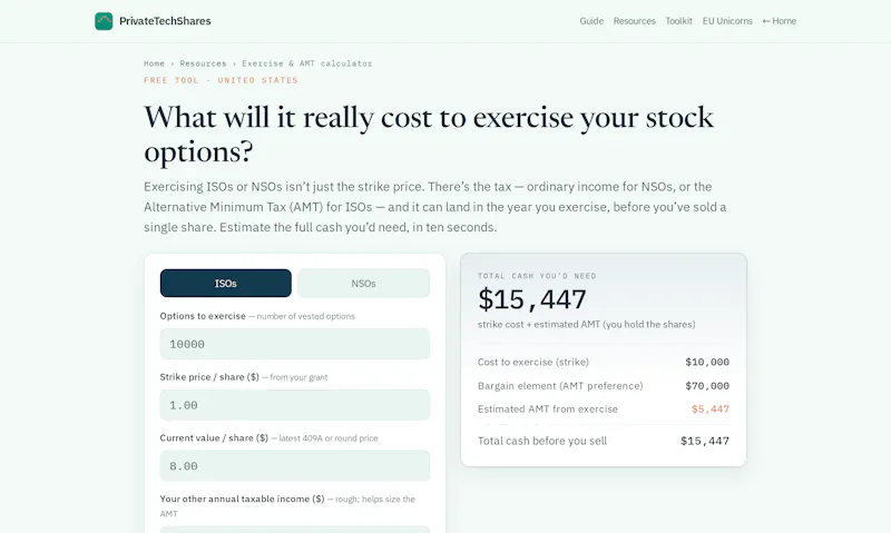 PrivateTechShares ISO/AMT Calculator screenshot 3