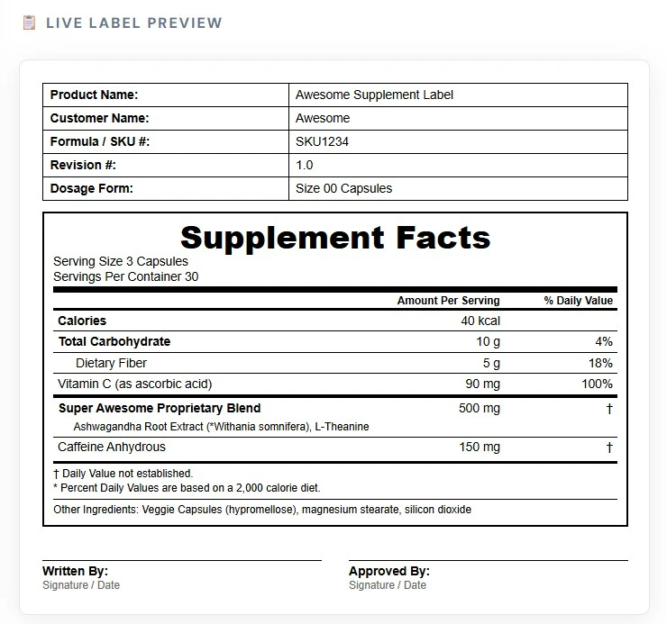 Free Supplement Facts Label Creator