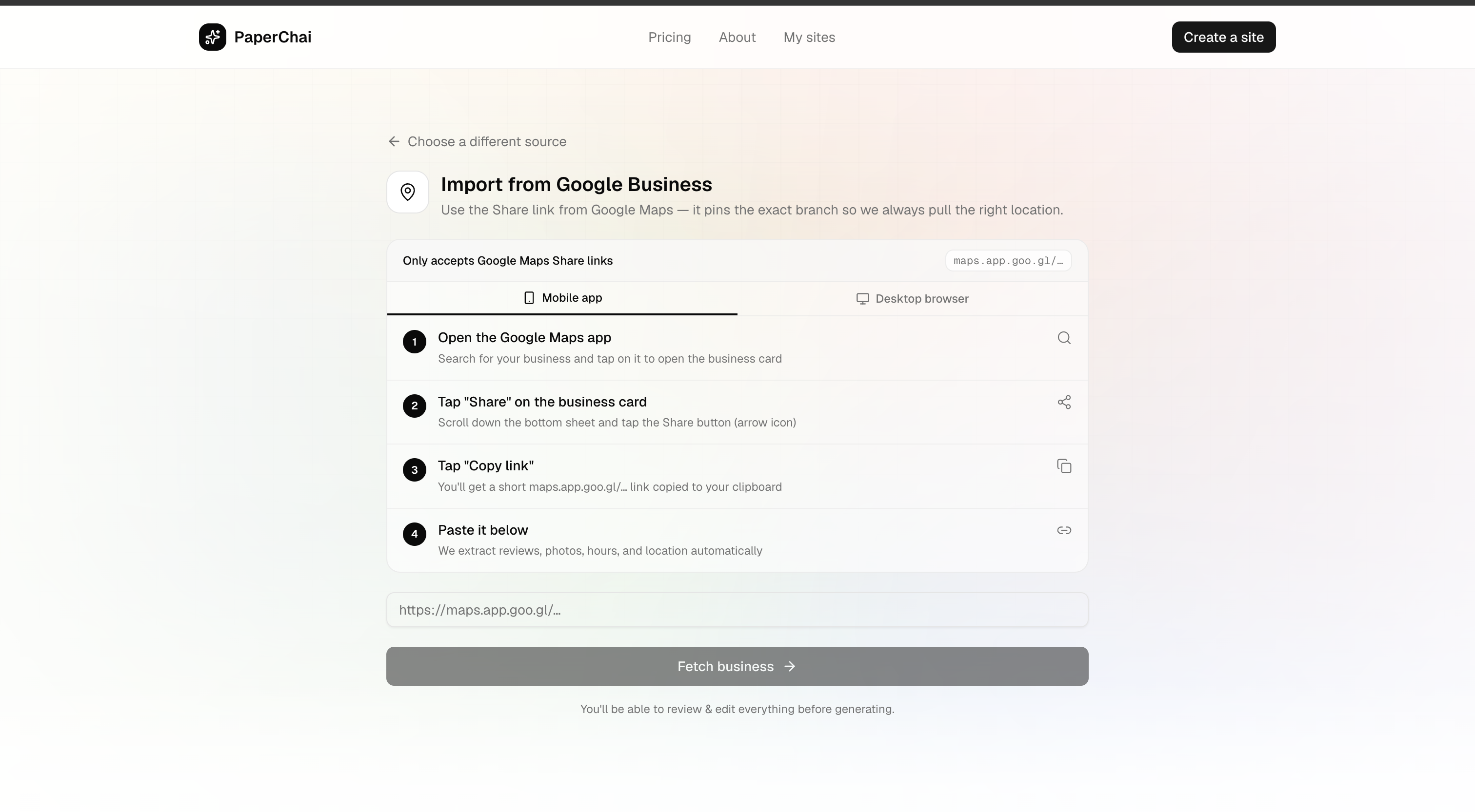 PaperChai — Your site, generated from AI gallery image