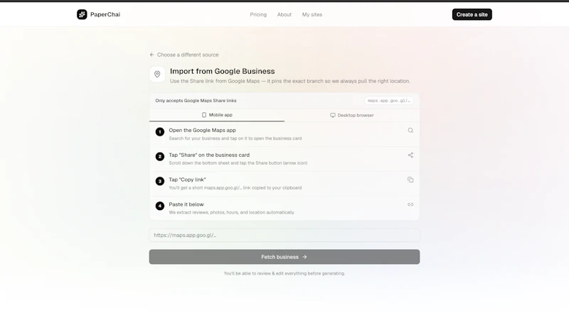 PaperChai — Your site, generated from AI screenshot 2