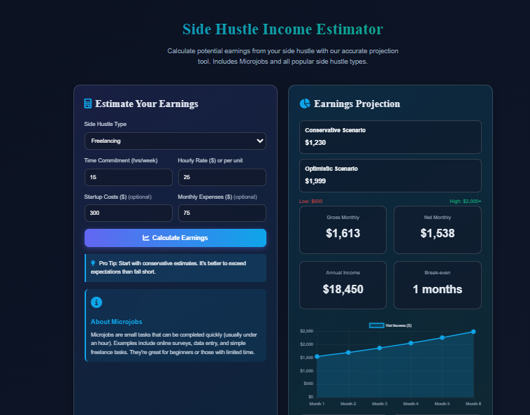Side Hustle Income Estimator - Main product screenshot demonstrating key features and user interface