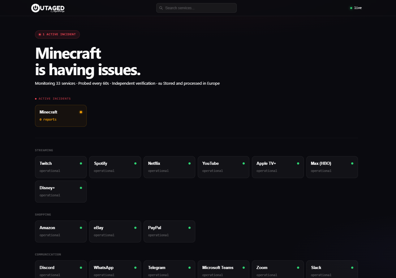 Outaged - Main product screenshot demonstrating key features and user interface