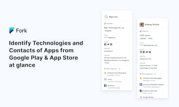Tecnologias e contatos relacionados a aplicativos no Google Play e na App Store.
