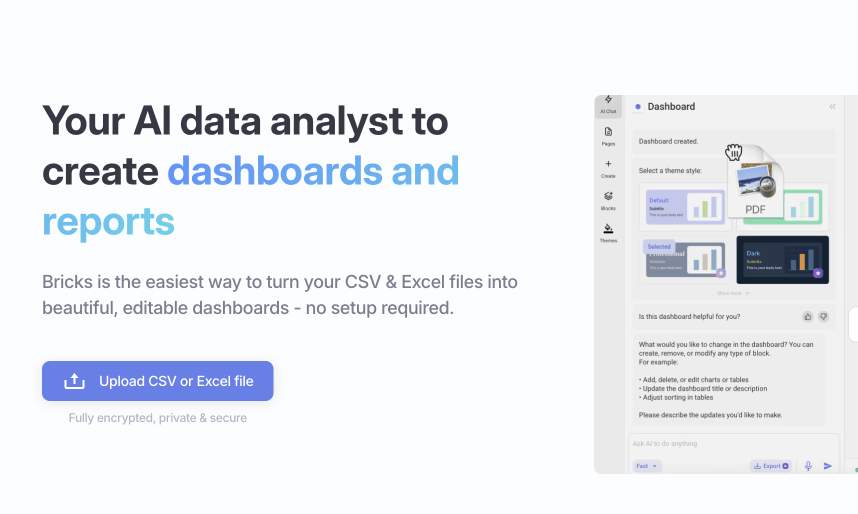 Bricks AI Dashboards - Main screenshot showing features and interface