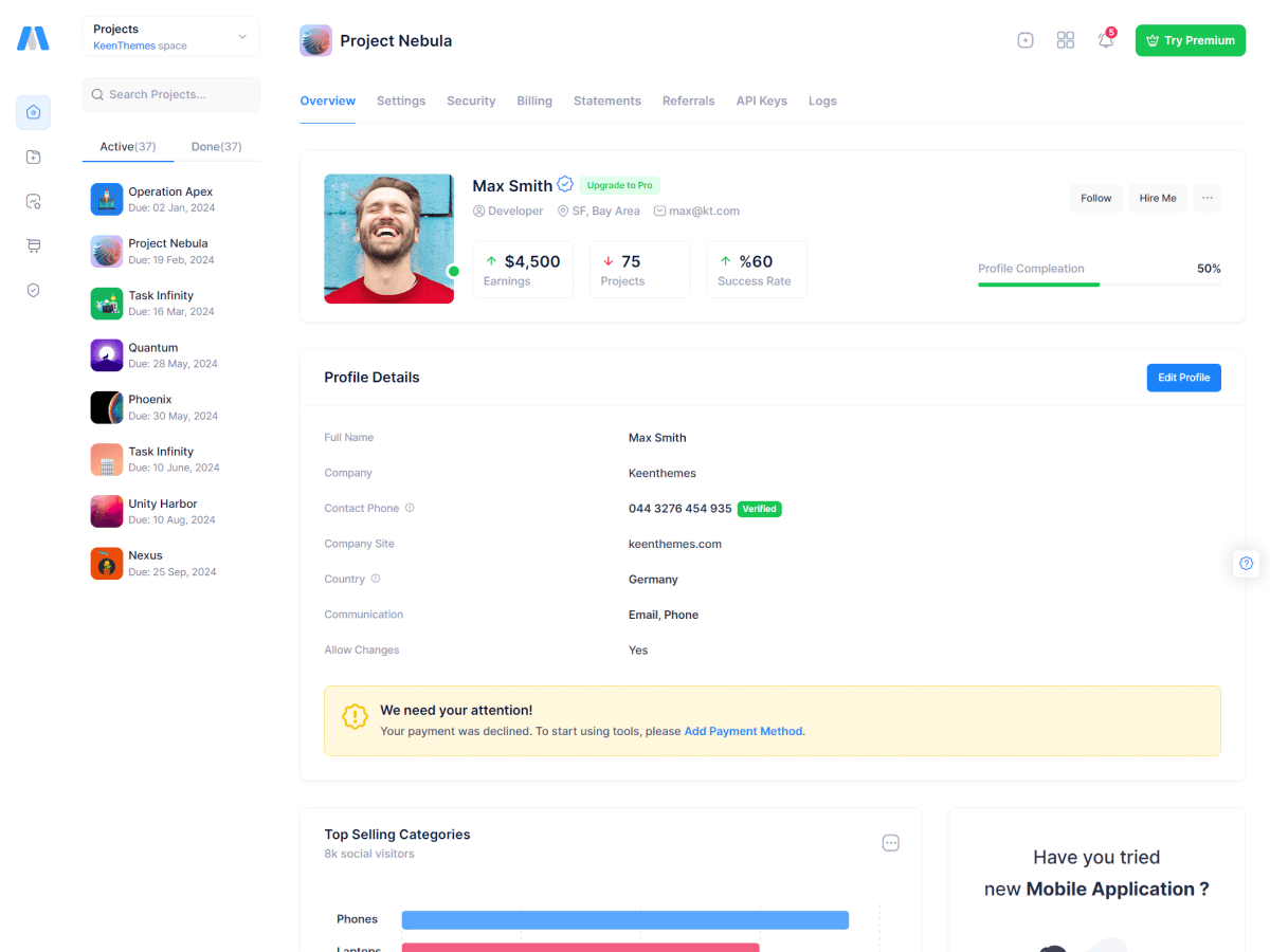 Metronic - шаблон администратора Bootstrap - React, Vue, Angular, Django, Asp.net Core, Laravel, Rails медиа 6