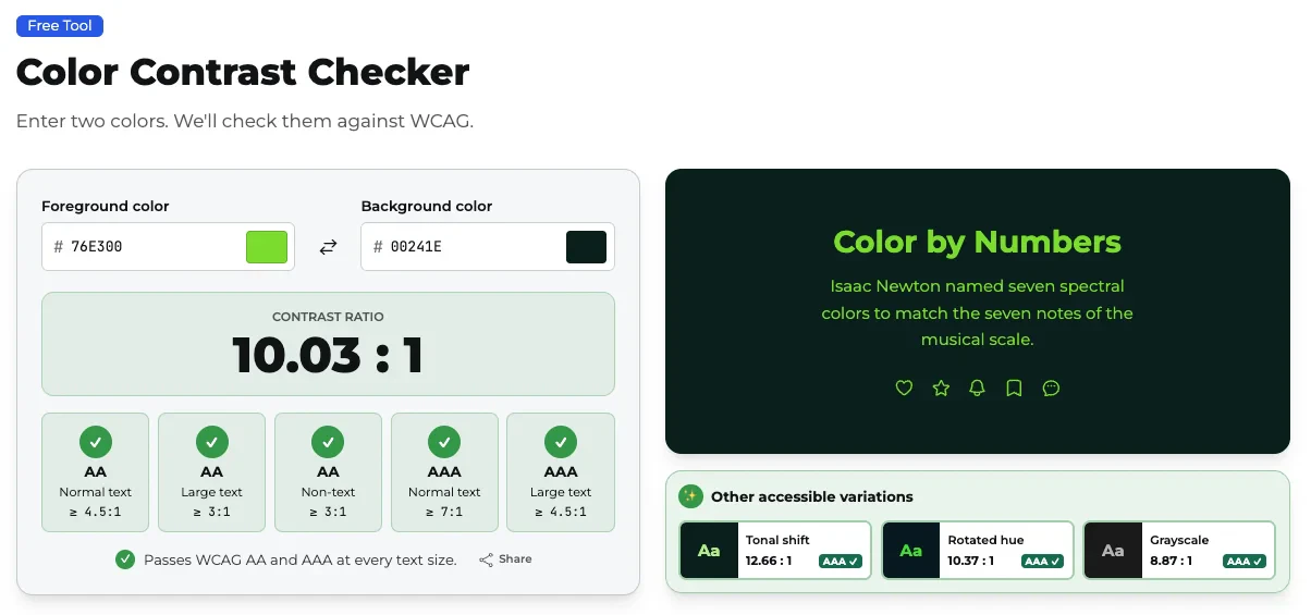 Free Color Contrast Checker — WCAG 2.2 대표 미리보기