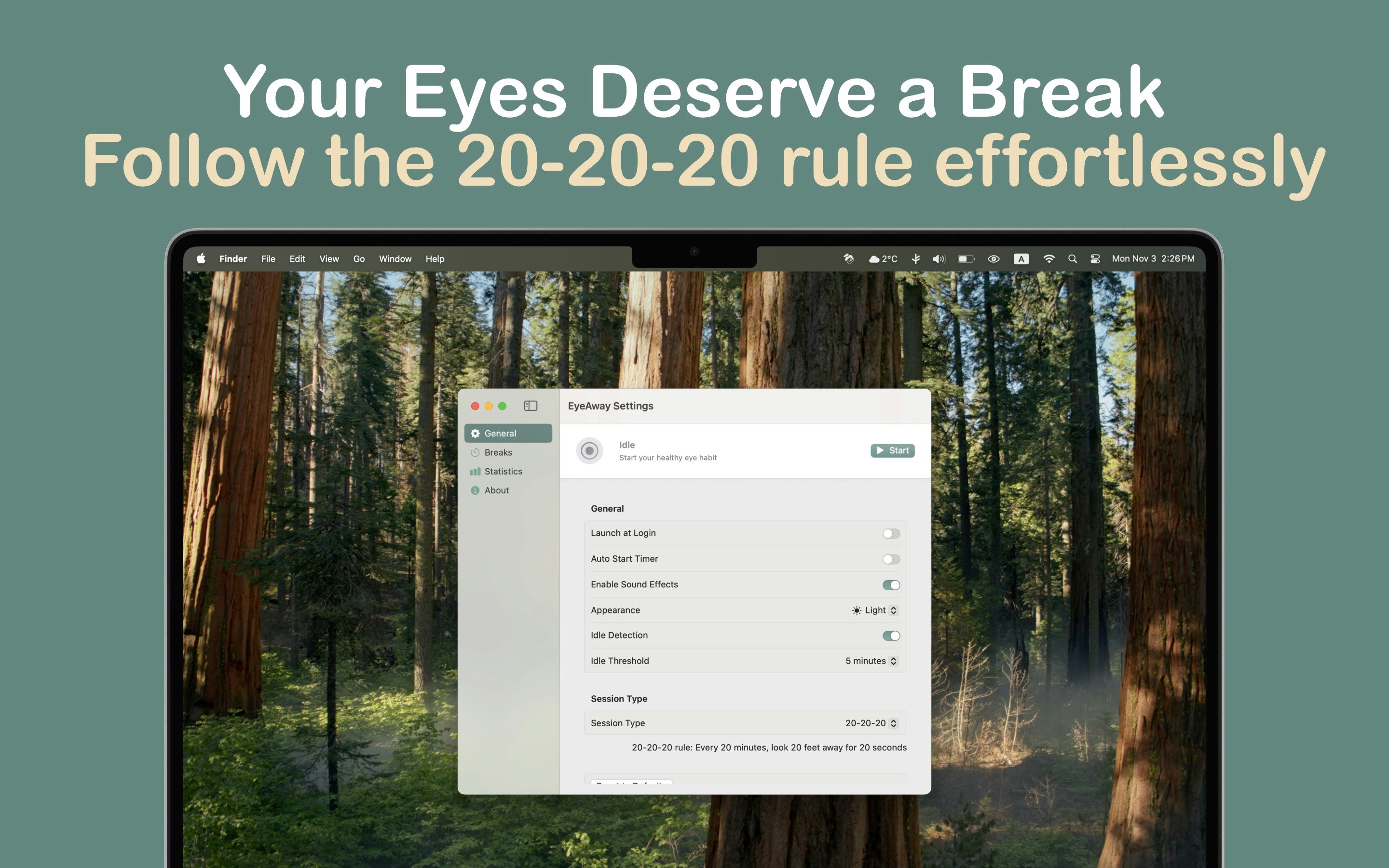 EyeAway - Main screenshot showing features and interface