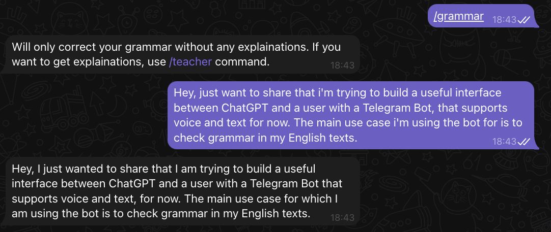 Gienji Telegram Bot - Dilbilgisi kontrol etmek veya herhangi bir şey sormak için AI ile ses ve metin sohbet medya 3