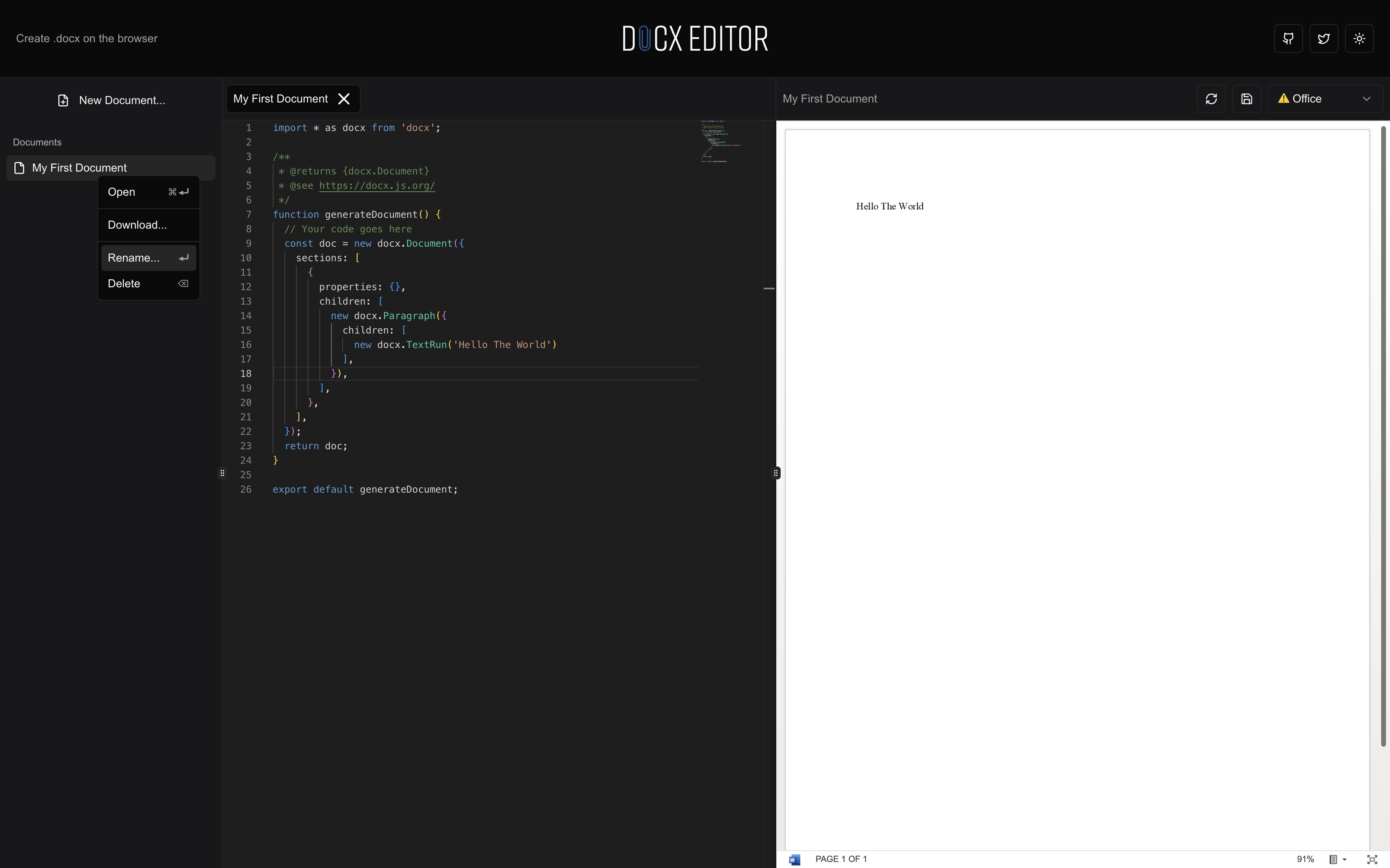 وسائط محرر DOCX.JS - محرر الكود المستند إلى المتصفح لـ DOCX.JS مع معاينة مباشرة 6