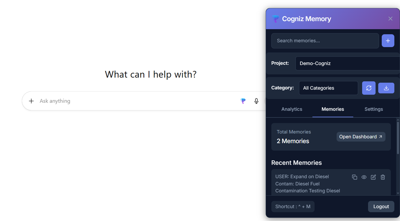 Cogniz AI - AI Context Everywhere  - Main product screenshot demonstrating key features and user interface